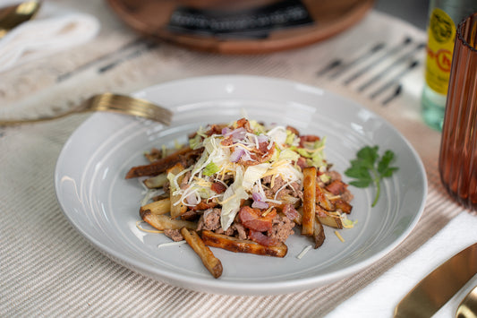 Burger bowl over potatoes
