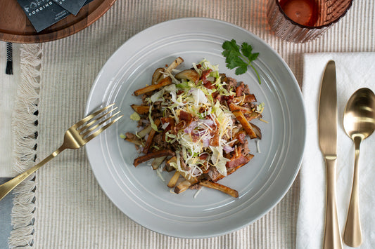 Burger bowl over potatoes